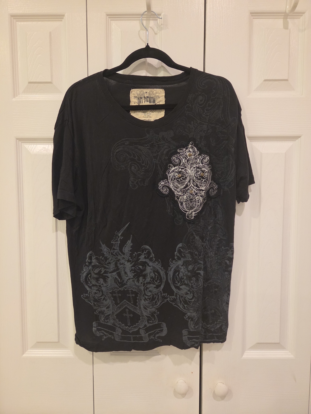 Vintage y2k Do Denim Men's Black Graphic Tee with Baroque Crest 100% Cotton